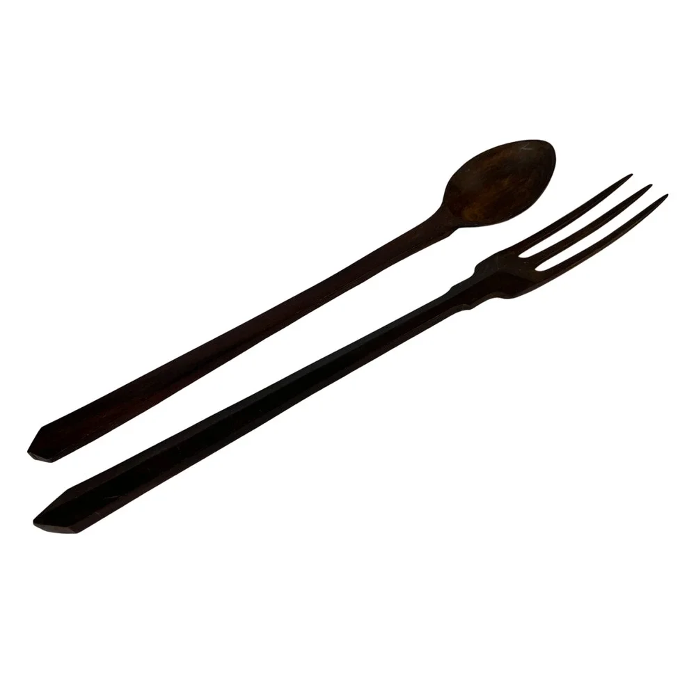 Vintage Hand Carved Long Wooden Salad Serving Set Fork Spoon Serving Utensils